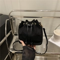 Fashionable black corduroy drawstring bucket bag with gold rings and adjustable strap - Black