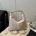 Lichtroze jacquard hobo tas met lederen bies en verstelbare schouderriem - Broken Wit