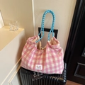 Bolso tote de lona a cuadros rosas y blancos con asas de cuerda trenzada azul - Rosa