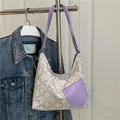 Geometrische canvas draagtas in beige en zilver met paarse leren zakapplicatie - Paars