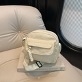 Chic beige corduroy crossbody square bag with front flap pocket and woven rope puller - White