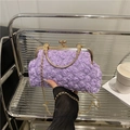 Elegant purple pearl handbag with rose floral texture and gold metal ring handle - Purple
