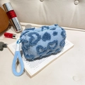 Blue plush heart makeup bag with lamb wool texture and convenient soft carry handle - Blue