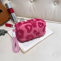 Plush pink leopard print makeup bag with a soft texture and convenient wrist strap - Pink
