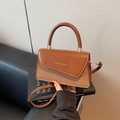 Brown small square handbag with woven texture and gold fashion lettering detail - Brown