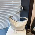 Minimalist cream white half-moon hobo bag with smooth leather finish and silver zipper - White