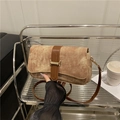Vintage-Schultertasche aus Denim mit braunem Lederriemen und goldener Schnalle - Khaki