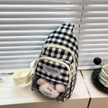Black and white gingham crossbody bag with transparent PVC window and cute bear doll - Black