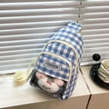 Blue plaid crossbody chest bag with cute plush doll in transparent window pocket - Blue