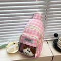 Pink and white checkered canvas chest bag with a cute plush dog pendant charm - Pink