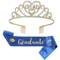 Detail view of the gold rhinestone GRAD crown and blue satin Graduate sash set - Light Gold Blue 2
