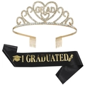 Close-up of heart crown with GRAD rhinestones and black I GRADUATED satin sash - Light Gold White 1