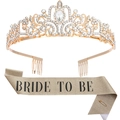 Tiara di cristallo dorato e fascia glitter champagne Bride To Be per accessori festa sposa - Cerchietto Oro + Fascia Oro Lettera Nera (Tessuto Glitterato)
