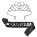 Silver rhinestone GRAD crown and black I GRADUATED satin sash set for graduation party - Black Silver 1