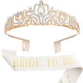 Corona in cristallo dorato con strass e fascia in raso Bride To Be per feste - Cerchietto Oro + Fascia Bianca Lettera Oro (Tessuto Glitterato)