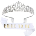 Close-up of rhinestone tiara with combs and a satin Bride To Be sash set for bridal party - White Crown + White Gold Letter Sash (Satin Fabric)