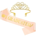 Detailed shot of pink satin sash and gold rhinestone crown with GRAD lettering - Champagne Gold