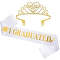 Detail of gold rhinestone graduation crown and white satin I GRADUATED sash set - Platinum