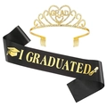 Detailed set of gold rhinestone graduation tiara and black satin sash with gold lettering - Black Gold