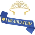 Detail of gold rhinestone GRAD tiara and I GRADUATED blue satin sash party set - Blue Gold