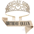 Set fascia Birthday Queen glitterata oro e tiara di strass per decorazione compleanno - Taglia unica / Oro con testo nero