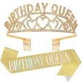 Golden Birthday Queen crown and glitter sash set for girls party celebrations - One Size / Gold Iridescent