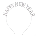 Détail d'un serre-tête argenté du Nouvel An avec des strass brillants et texte de fête - Bonne année (FG120)