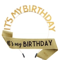 Golden It's My Birthday crown headband and glitter sash set for party celebrations - Deep Gold Headband + Deep Gold Black Font Birthday Sash