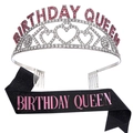 Pink rhinestone Birthday Queen tiara and black glitter sash set for party girls - One Size / Black Base Pink