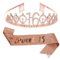 Rosegoldenes Sweet 16 Geburtstags Krone und Glitzer Schärpe Set für Prinzessinnen - Einheitsgröße / 16. Geburtstag Set Stil 1