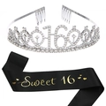 Silver rhinestone 16 crown and black Sweet 16 satin sash set for girls birthday party - Silver + Black Satin Gold Text
