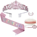 Set de tiara de cumpleaños rosa con banda, broche de corona y adorno de pastel - Juego de Tiara y Banda Birthday Girl