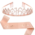 Set tiara e fascia per compleanno Sweet 16 in oro rosa con strass per decorazione - Oro Rosa + Raso Oro Rosa