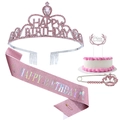 Set de cumpleaños rosa con corona de cristal, banda brillante y adorno de tarta - Juego de Tiara y Banda Happy Birthday