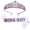 Birthday Queen set with purple rhinestone tiara and white satin sash with gold lettering - Birthday Queen Purple/White