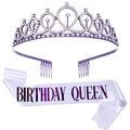 Set tiara di cristallo viola e fascia per decorazioni per feste di compleanno - Regina del Compleanno Viola e Bianco
