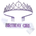 Set compleanno con tiara di strass viola e fascia in raso bianco con scritte viola - Ragazza del Compleanno Viola e Bianco