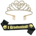 Diadème de graduation doré avec strass et écharpe en satin noir et lettrage doré - Noir & Or / Couronne Dorée + Écharpe Noire (Lettres Dorées)