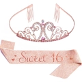 Parure anniversaire Sweet 16 avec diadème en or rose et écharpe pailletée rose - Ensemble Couronne et Écharpe à Paillettes 16 Ans