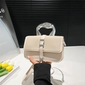 Chic beige mini handbag with herringbone weave flap and artistic silver metal handle - Off White