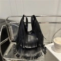 Minimalist black fringe tote bag with multi-layer tassel design and modern matte finish - Black
