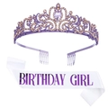 Purple birthday queen set with crystal heart tiara and white satin birthday girl sash - Birthday Girl Purple/White
