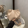 Chic beige ruched bucket bag with drawstring closure and soft pompom charm detail - Khaki With Pendant