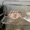 Pink silk jacquard bucket bag with pearl handle and Chinese architectural floral patterns - Pink