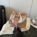 Pink jacquard floral bucket bag with pearl handle and drawstring gold sphere detail - Pink Large Flower