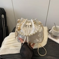 Cream bucket bag with floral embroidery, pearl handle and golden chain strap - White Floral