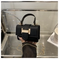 Detail van zwarte lederen mini-tas met gouden metalen gesp en elegante kettingriem - Zwart
