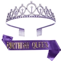 Corona di cristallo viola e fascia in raso con scritta dorata Birthday Queen - Regina del Compleanno Viola e Oro