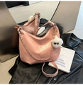 Pink glossy hobo shoulder bag with metal chain and plush monster charm detail - Pink (With Pendant)