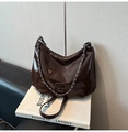 Deep brown glossy patent leather tote bag with silver chain strap and oval detail - Coffee (No Pendant)